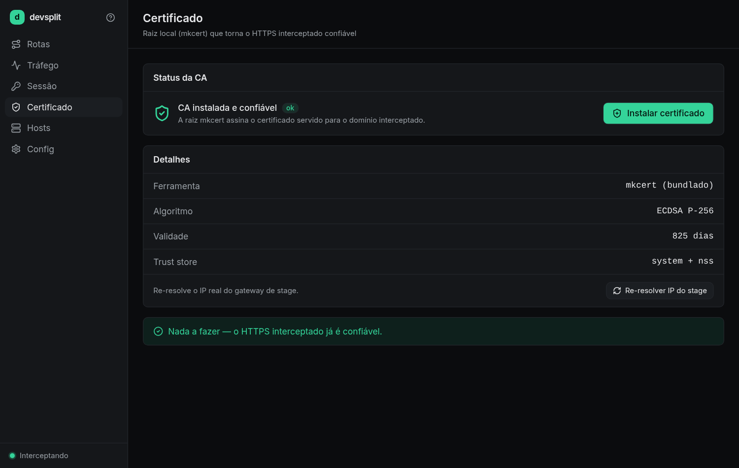 Status do certificado: CA local confiável