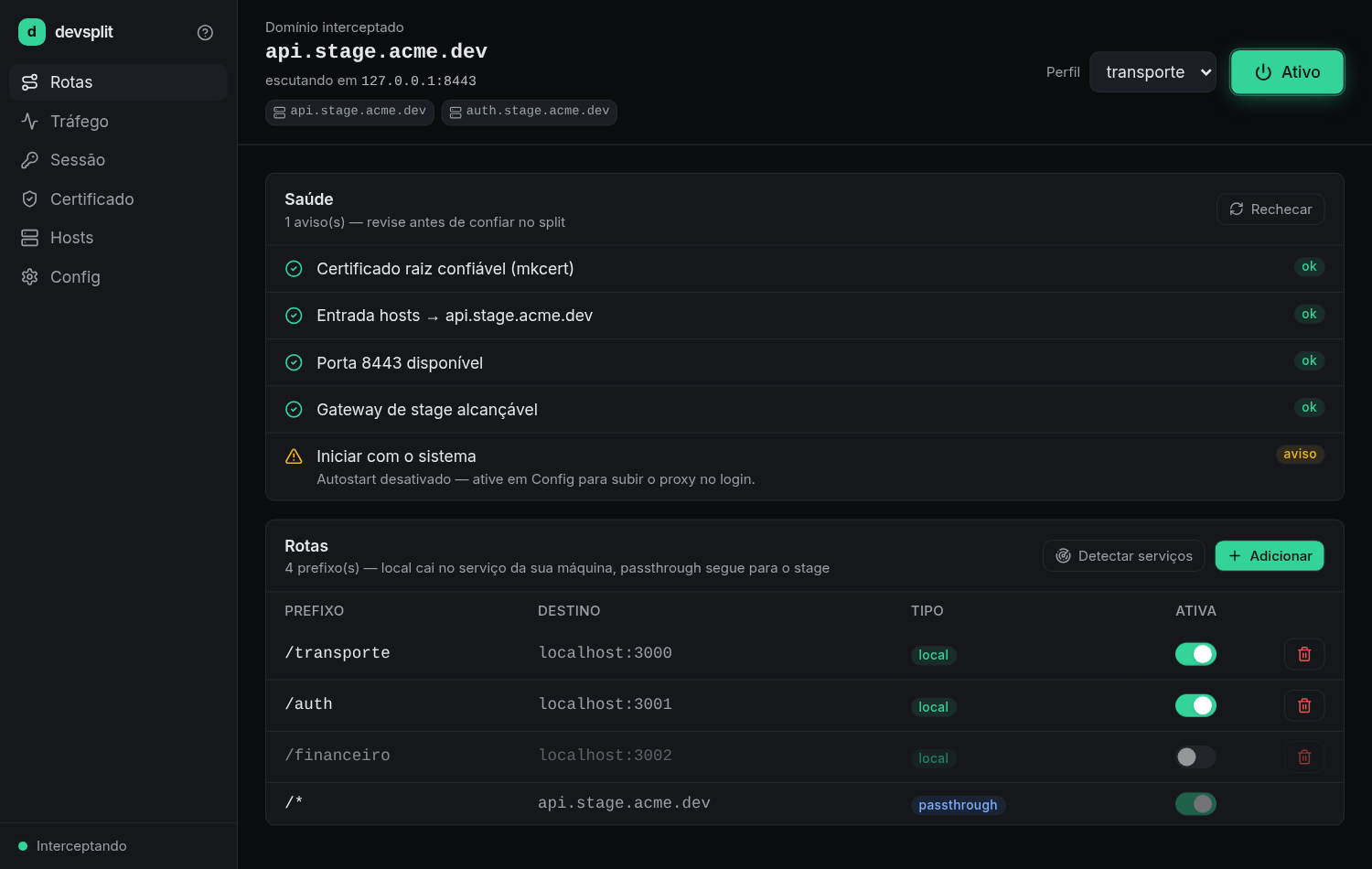 Interface do devsplit: tela de rotas com split local e passthrough